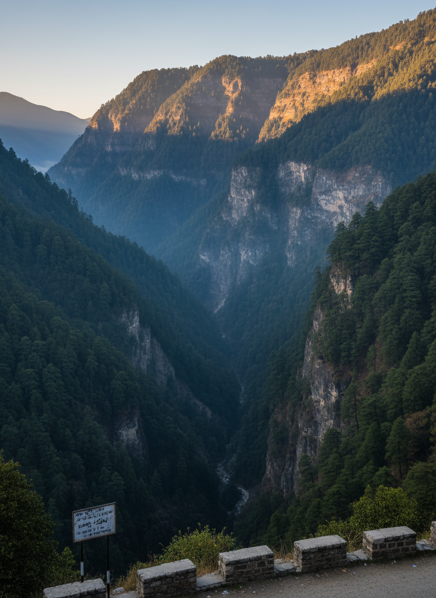 A dramatic, photographic landscape of the rugged cliffs and dense deodar forests around Chakrata, captured from a roadside viewpoint that overlooks a deep, winding valley. In the foreground, a weathered stone parapet and a modest metal road sign without legible text hint at mountain infrastructure, while beyond, steep slopes plunge into shadowy ravines wrapped in morning mist. Early golden-hour sunlight rakes across the opposite ridgeline, illuminating treetops and exposed rock faces with warm highlights while leaving the valley floor in cool blue shade. Shot with a telephoto lens from a slightly elevated angle, the composition layers ridges and valleys to create depth and drama. The atmosphere is majestic, contemplative and slightly mysterious, ideal for a feature on remote destinations and road journeys in the Himalayan region.