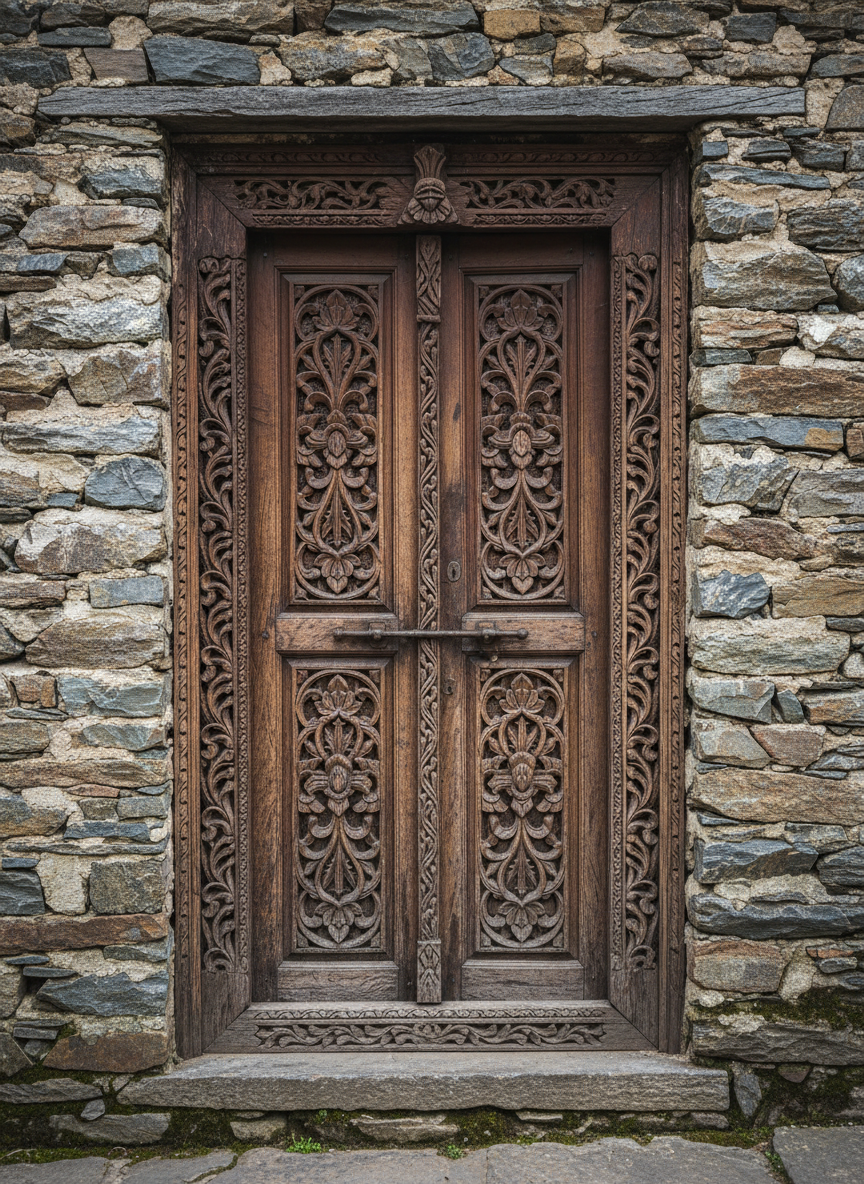 An elegant, photographic close-up of a traditional Jaunsari wooden doorway in Sahaspur, showcasing intricate hand-carved floral and geometric patterns on aged, dark teak. The wood’s surface reveals layers of history through fine cracks, polished edges, and a subtle sheen from years of use. Around the doorway, the stone wall is built from uneven local rock, carefully stacked with traces of moss and lime plaster, giving a tactile, earthy feel. Soft, indirect daylight from an overcast sky creates gentle, shadowed relief in the carvings, highlighting their depth without harsh contrast. Captured straight-on with a slightly tight frame and shallow background focus, the composition feels refined, symmetrical and museum-like. The mood is sophisticated and reverent, supporting a cultural feature on Himalayan craftsmanship and architectural heritage.