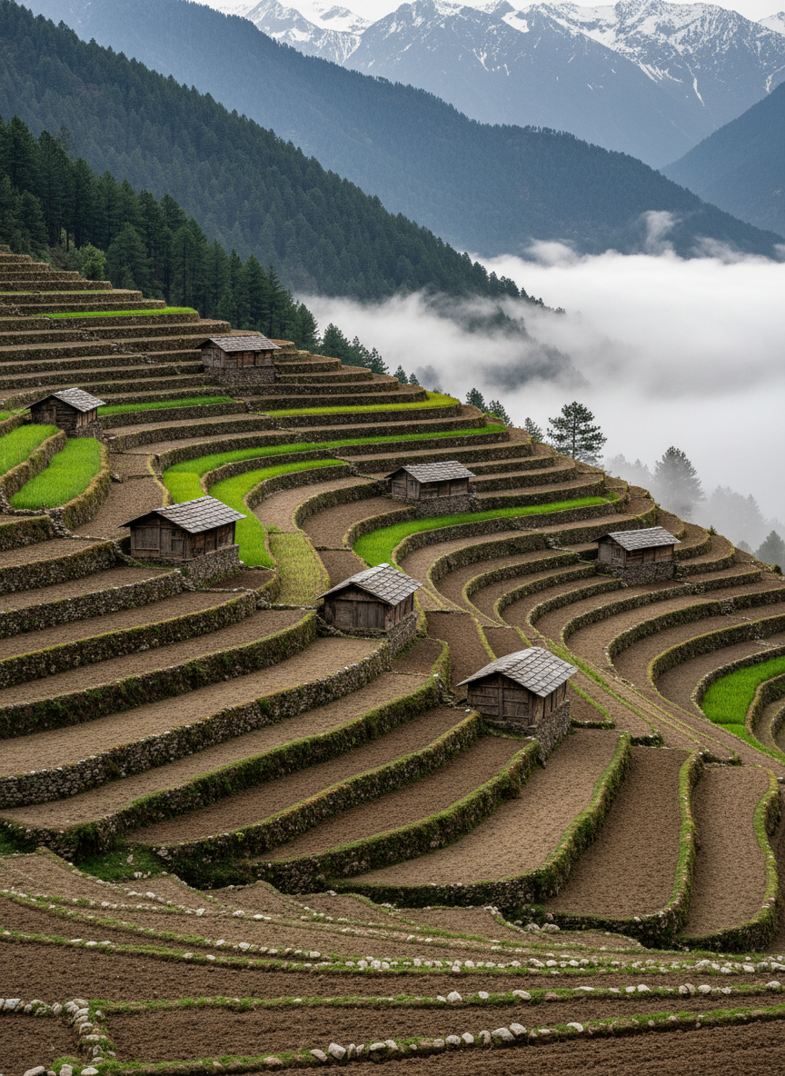 A richly detailed scene of terraced fields in Jaunsar-Bawar cascading down a steep mountainside, each narrow step lined with stone walls and dotted with small, simple storage sheds made of rough-hewn wood and slate roofs. The terraces are a mix of vibrant green crops and freshly tilled brown earth, forming intricate geometric patterns against the rugged Himalayan landscape. Mist curls up from the valley below, catching the soft, diffused light of an overcast afternoon, lending a gentle silver sheen to the scene. Shot from a high, oblique angle with sharp focus throughout, the composition emphasizes the rhythm of the terraces leading towards dark pine forests and distant ridges. The atmosphere is serene, culturally rich and grounded, ideal for a travel guide article on traditional agriculture and heritage.