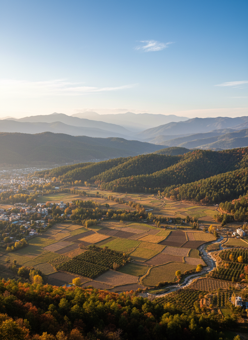 A sweeping panoramic view of the lower Himalayan foothills around Dehradun district, with gentle, forested ridges receding into a blue haze under a crisp autumn sky. In the foreground, neat fields and orchards stretch out in patchwork patterns around Vikasnagar, divided by narrow irrigation channels that catch glints of sunlight. The light is a clear, late-afternoon glow, creating precise, photographic detail in the leaves, stones and soil, while distant hills soften into atmospheric perspective. Shot from a slightly elevated vantage point with a wide-angle lens, the composition follows the rule of thirds, inviting the eye from cultivated plains to rising mountains. The mood is sophisticated yet grounded, evoking a modern regional reportage aesthetic with clean, realistic colors and subtle contrast.