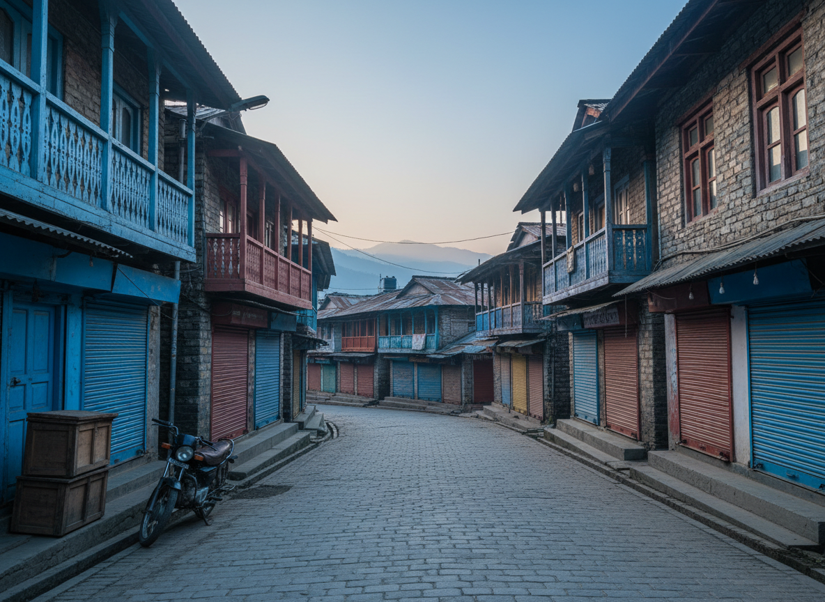 A quiet Himalayan hill town street in Chakrata at dawn, completely empty of people, with traditional stone and timber houses lining a gently curving road. Colorful but weathered facades, carved wooden balconies, and corrugated roofs show decades of monsoon wear. Small shopfronts are closed, their metal shutters neatly pulled down, and a single motorbike and stacked crates sit motionless at the roadside as visual stand-ins for local life. Pale blue morning light mixes with the warm glow of a few remaining street lamps, creating long, soft shadows and a cinematic contrast. Photographic realism with an eye-level composition and medium-wide frame, the mood is calm, sophisticated and anticipatory, perfect for a regional news feature about everyday life in Chakrata.