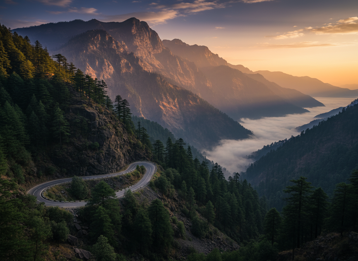 A cinematic Himalayan road-trip scene at golden hour: a winding mountain road cutting through deodar pine forests and dramatic ridgelines near Chakrata, Uttarakhand.
