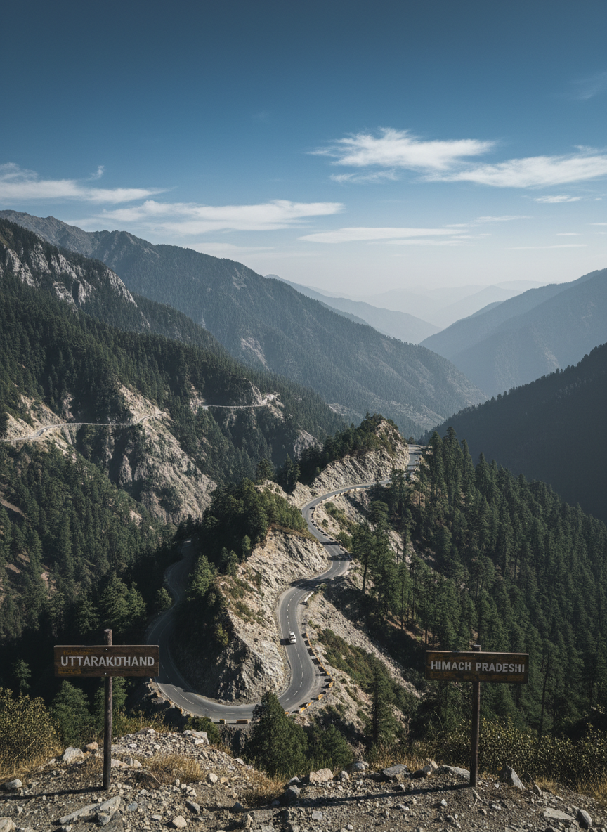 Cinematic landscape photograph of a winding mountain road crossing from Uttarakhand into Himachal Pradesh, dramatic ridgelines and deep forested valleys under a blue mountain sky. Documentary travel style, natural mountain grays and forest greens, sense of scale and journey.