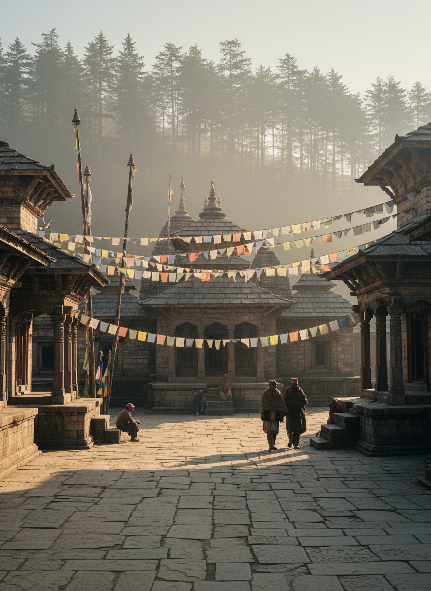 Documentary-style photograph of an ancient stone Himalayan temple courtyard in Jaunsar-Bawar, Uttarakhand at soft golden morning light. Weathered carved wood and stone architecture, prayer flags, misty deodar pines behind. Editorial travel-magazine quality, natural earth tones, no oversaturation.