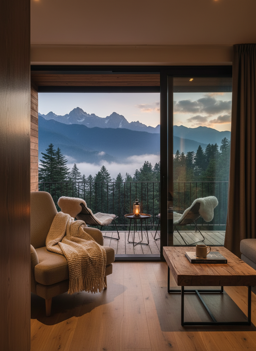 Editorial photograph of a cozy modern mountain hotel room or boutique homestay balcony overlooking Himalayan ridgelines near Chakrata, Uttarakhand. Warm interior light, wooden textures, big window framing pine forest and misty peaks at dusk. Refined travel-magazine aesthetic, natural color palette.